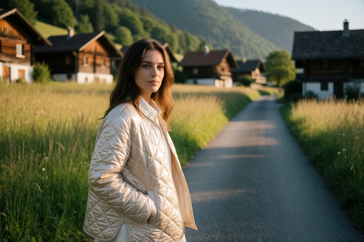 Woman in a cream quilted jacket walking a quiet village lane in the Rhine valley near Liechtenstein