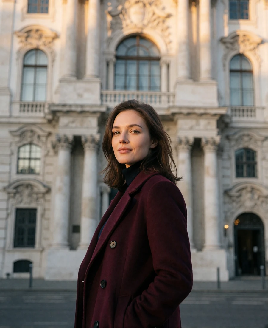 Elegant Austrian woman in a burgundy wool coat standing before baroque façades in central Vienna