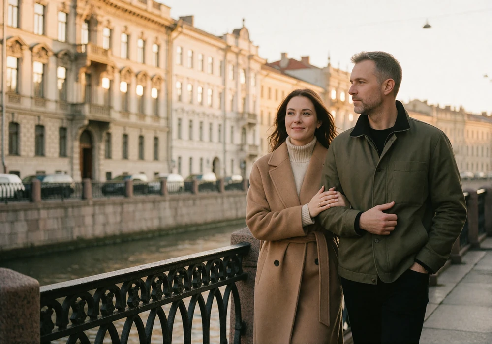 Couple in their late thirties walking arm in arm along a European canal railing in warm afternoon light