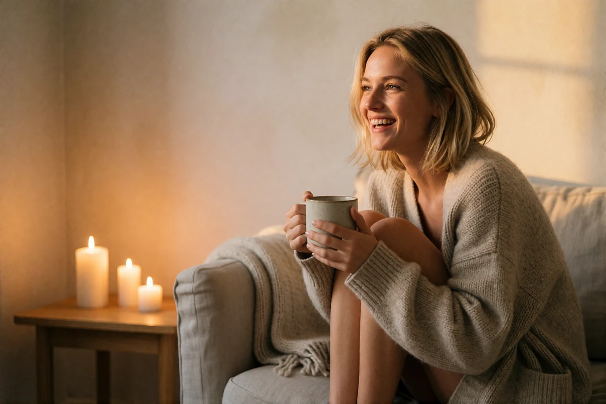 Danish woman in an oatmeal cardigan laughing softly on a linen sofa in a warmly lit apartment