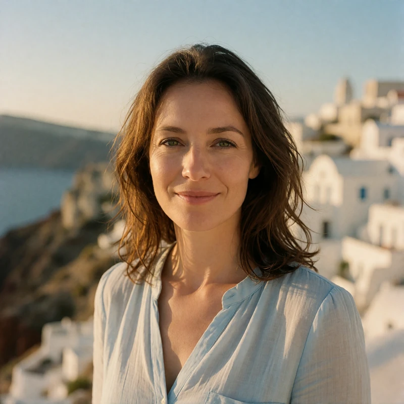 Smiling Greek woman in her late thirties with sun-lit brown hair near a whitewashed Santorini village