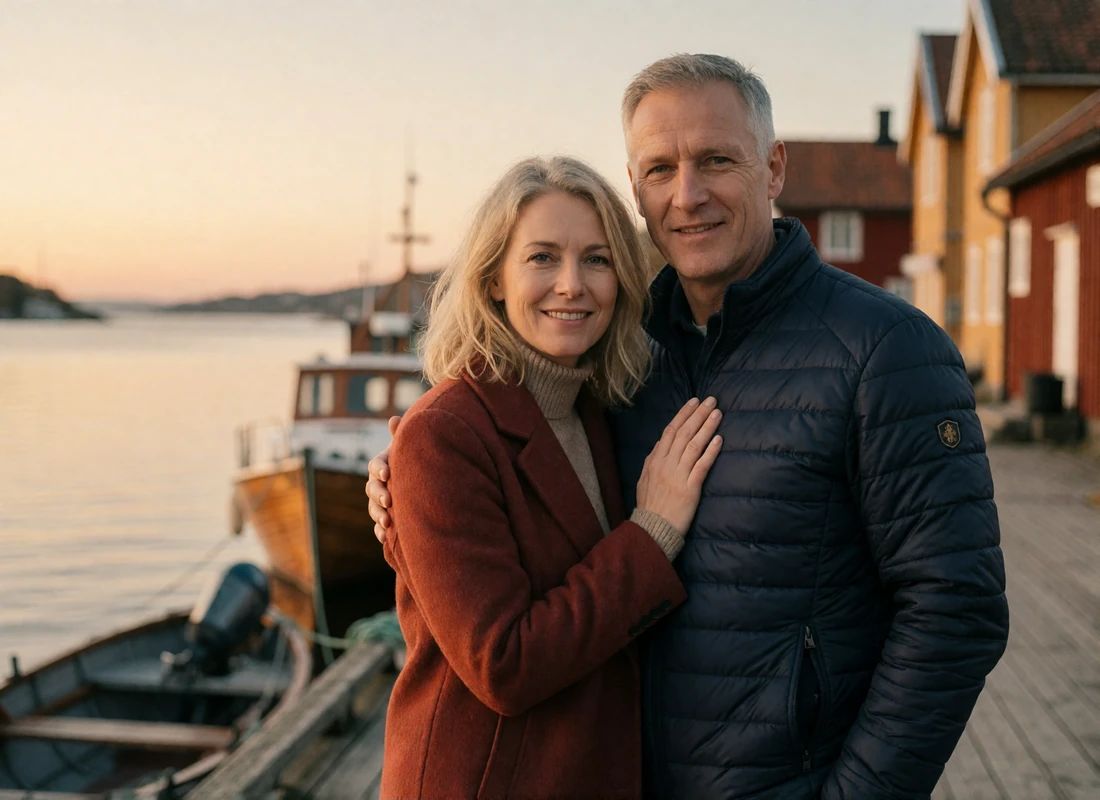 Mature couple in their forties standing close together on a Norwegian harbour pier at golden hour