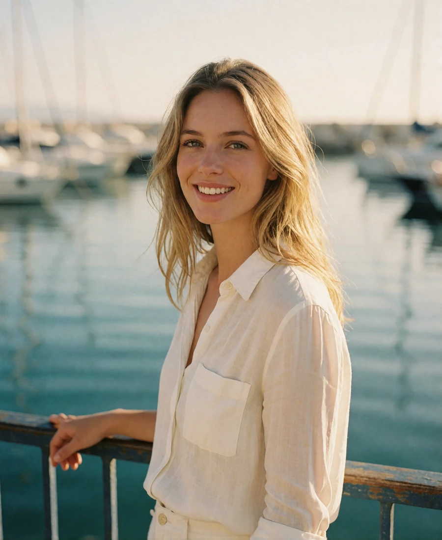 Blonde woman in a white shirt smiling at a Riviera harbour railing