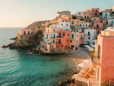 Mediterranean coastal village of pastel houses above a turquoise bay