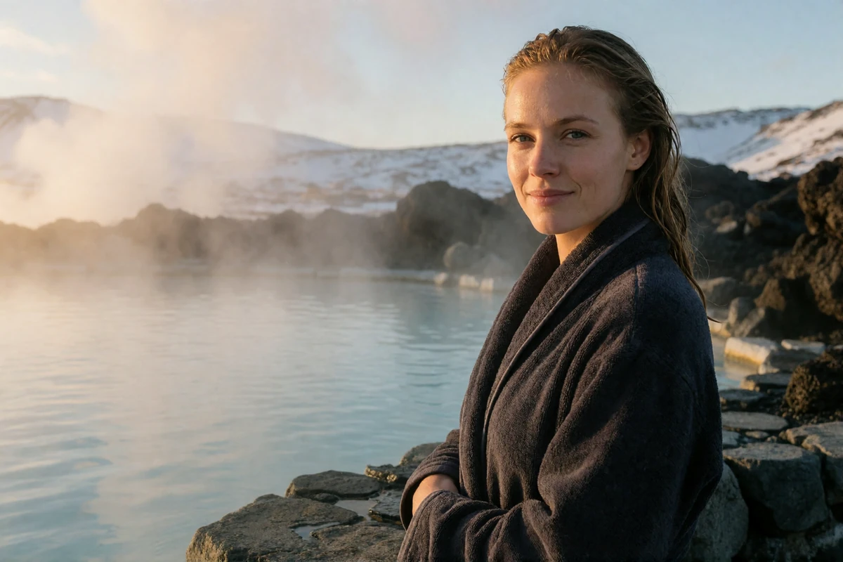 Icelandic woman wrapped in a charcoal towel robe at the edge of a steaming mineral-blue geothermal pool