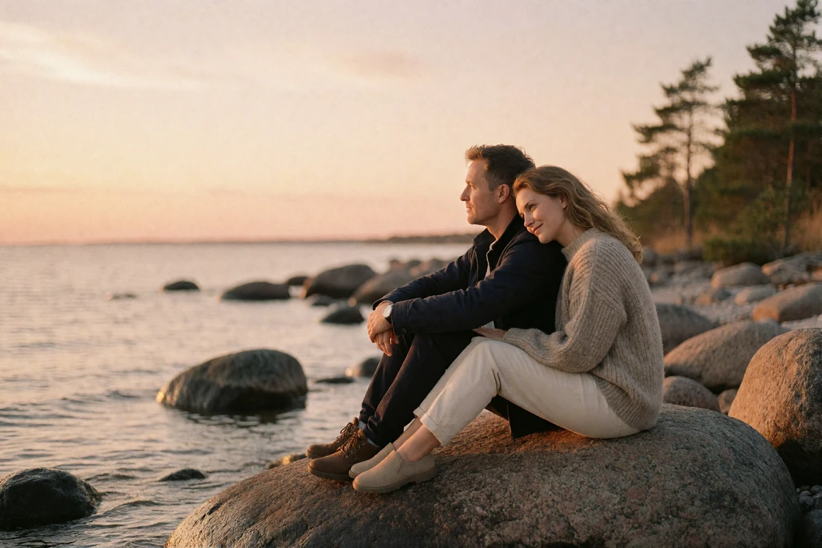 Couple in their late thirties sitting together on coastal rocks watching a Baltic sunset