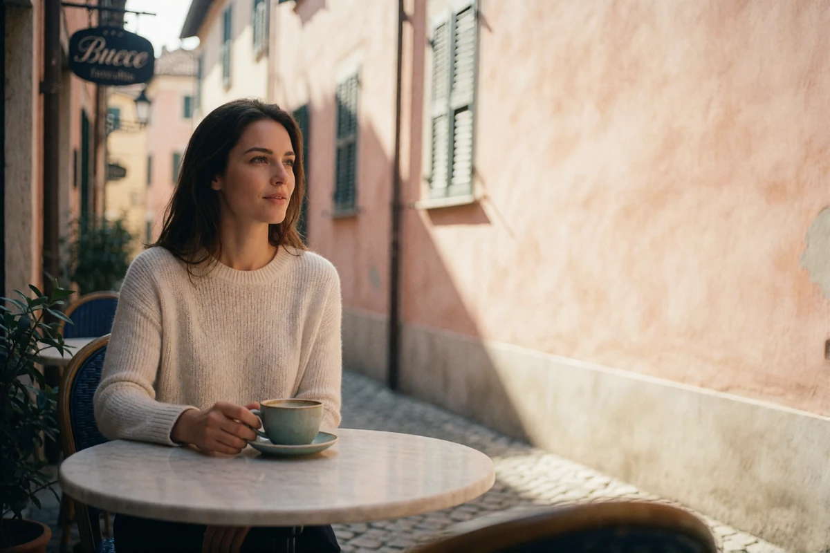 Woman in a light knit sweater sitting at a marble cafe table on a cobblestone European street terrace