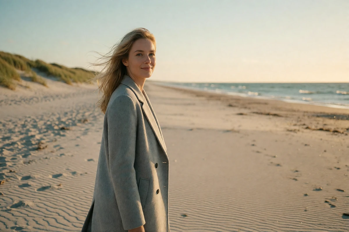 Danish woman in a grey wool coat walking along a pale Baltic beach with wind-lifted blonde hair