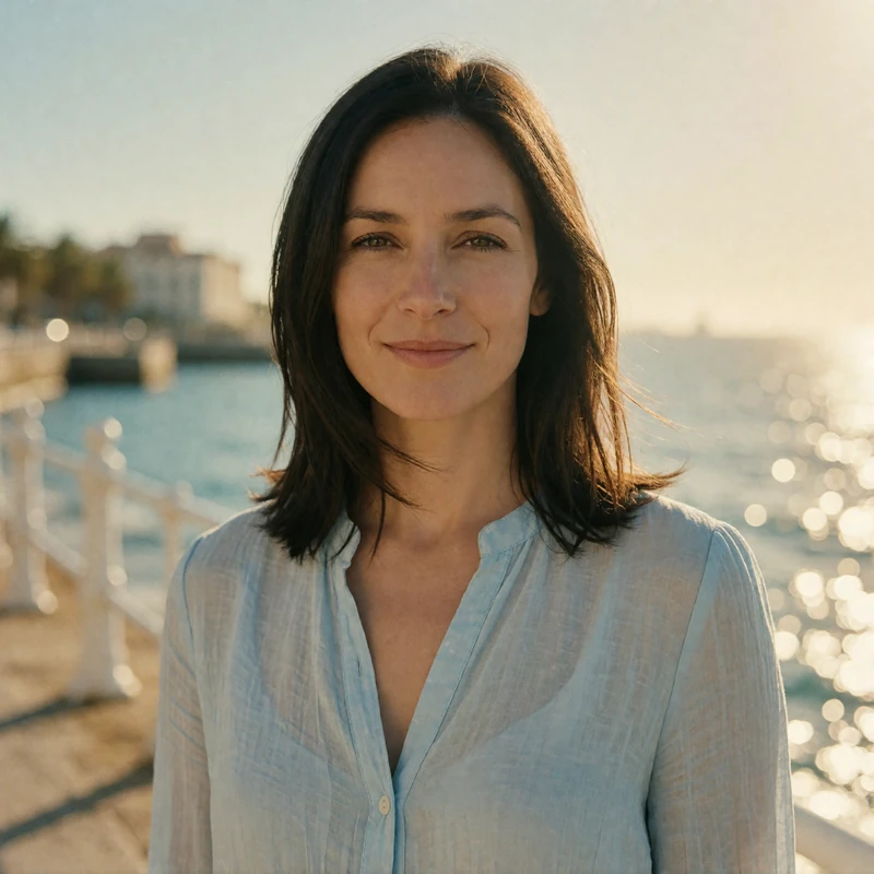 Maltese woman in her late 30s from Sliema, Malta, portrait with a soft smile