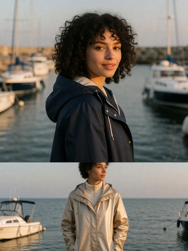 Irish woman with dark curly hair in a navy raincoat standing by Galway harbour