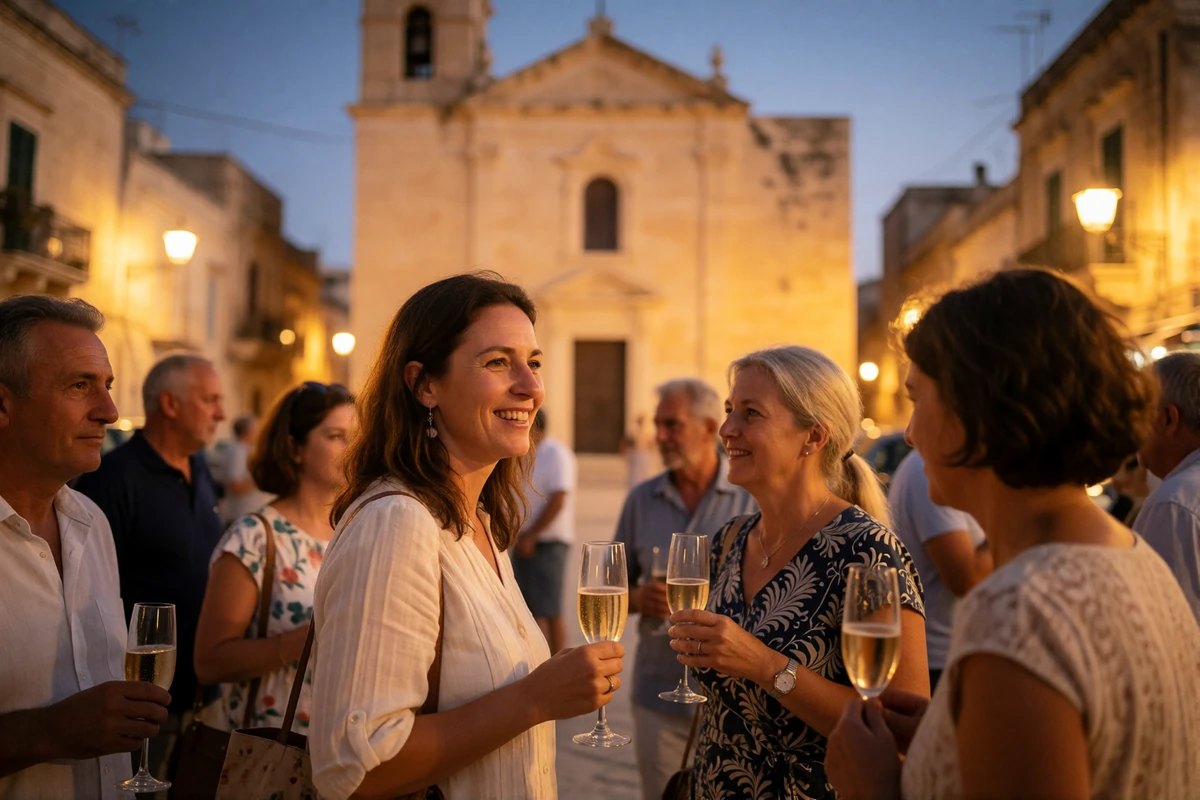 Warm evening village gathering in Malta with neighbours and family in relaxed conversation under a glowing church facade