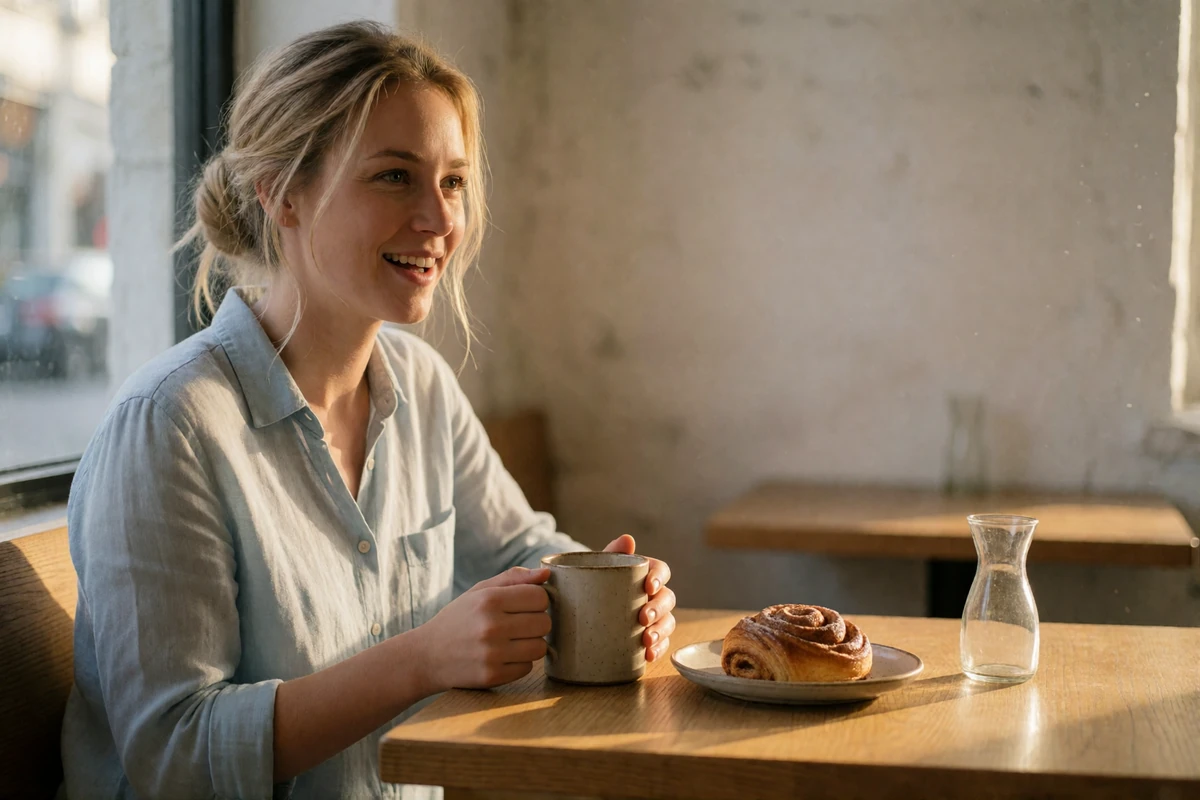 Swedish woman with a loose blonde bun laughing over coffee and a cinnamon bun at a small cafe table