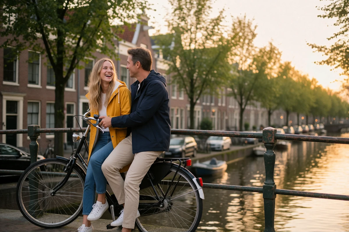 Couple pausing with bicycles on a canal bridge in the Netherlands, the woman in a mustard raincoat laughing