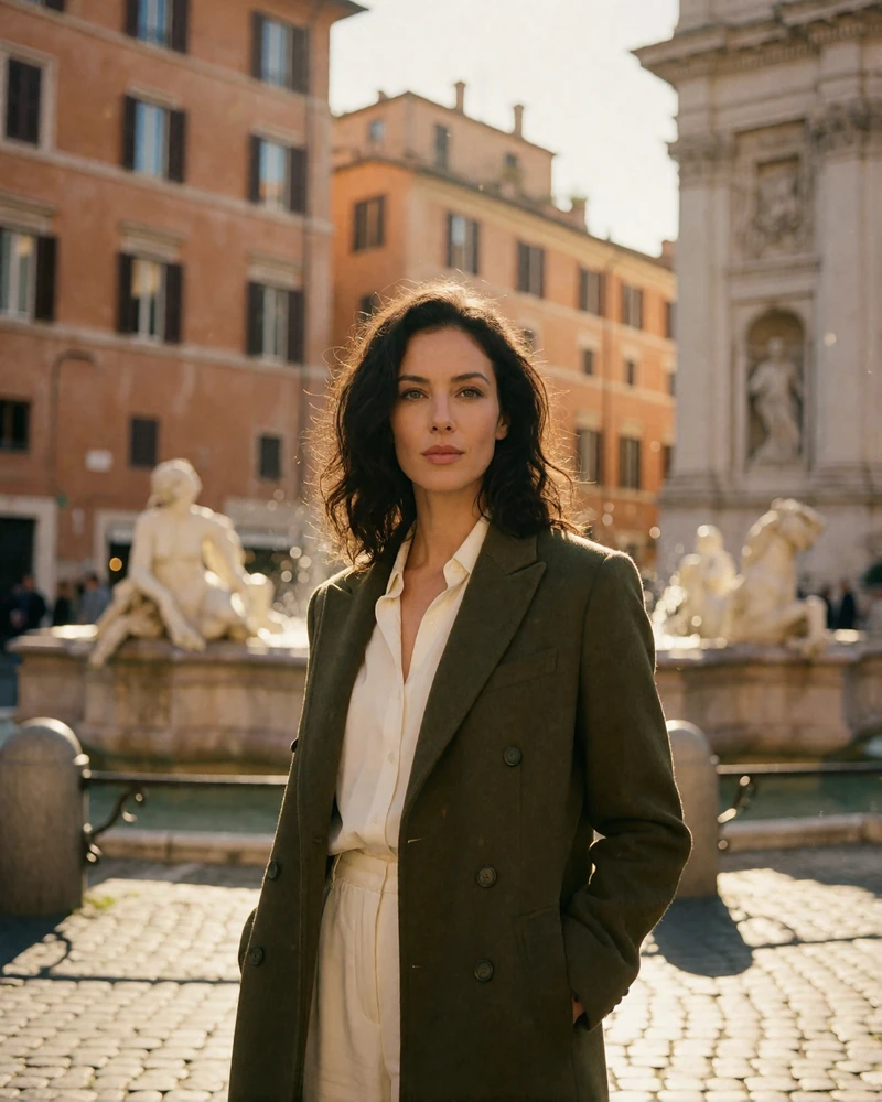 Elegant Italian woman in her thirties with dark wavy hair and an olive-green coat on a sunlit Roman piazza