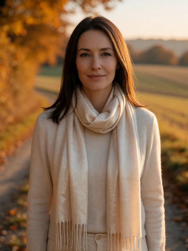 Sammarinese woman with brown hair and a cream scarf walking an autumn hillside path