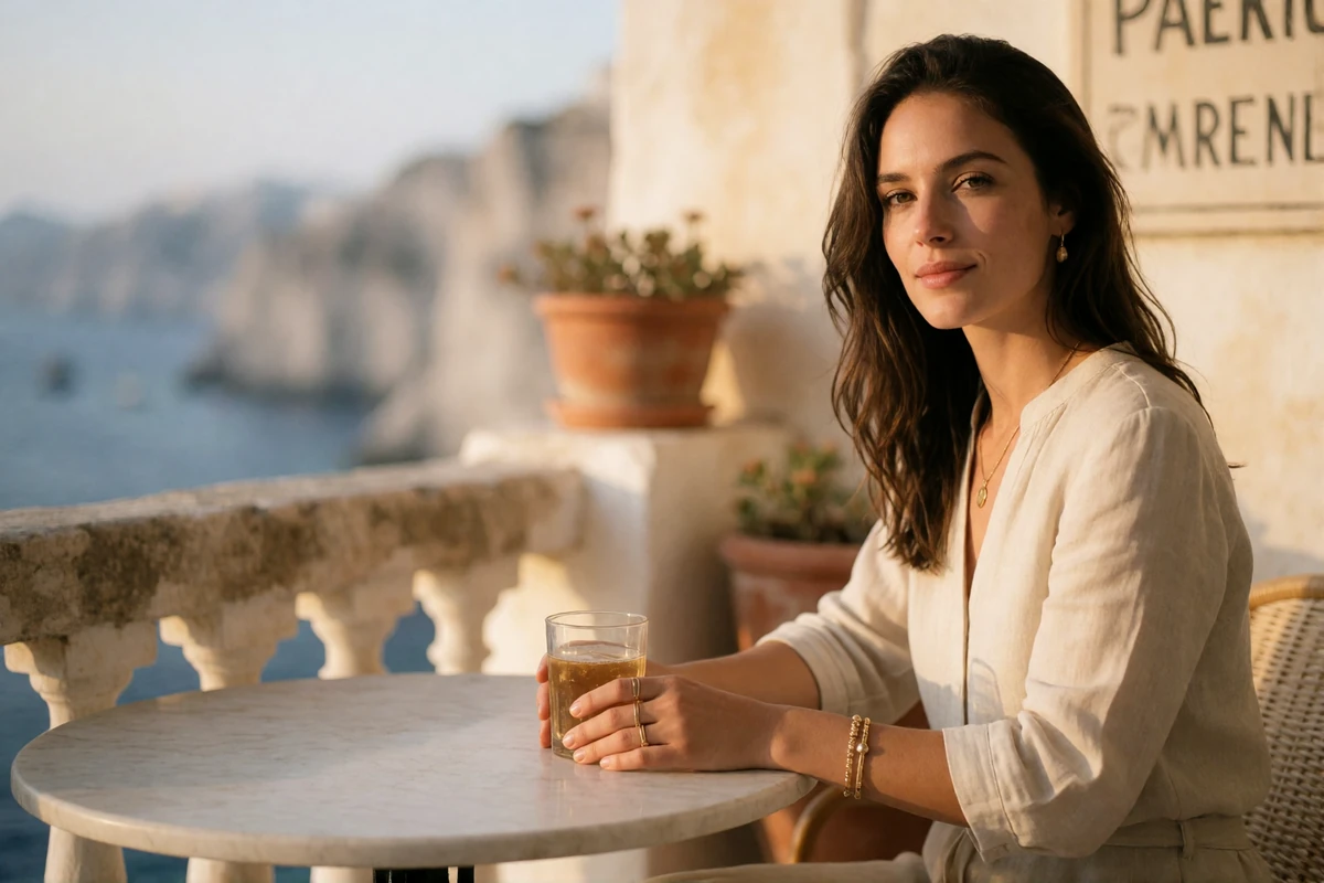 Woman in a linen blouse smiling at a marble table on a shaded Mediterranean terrace above a blue coastline