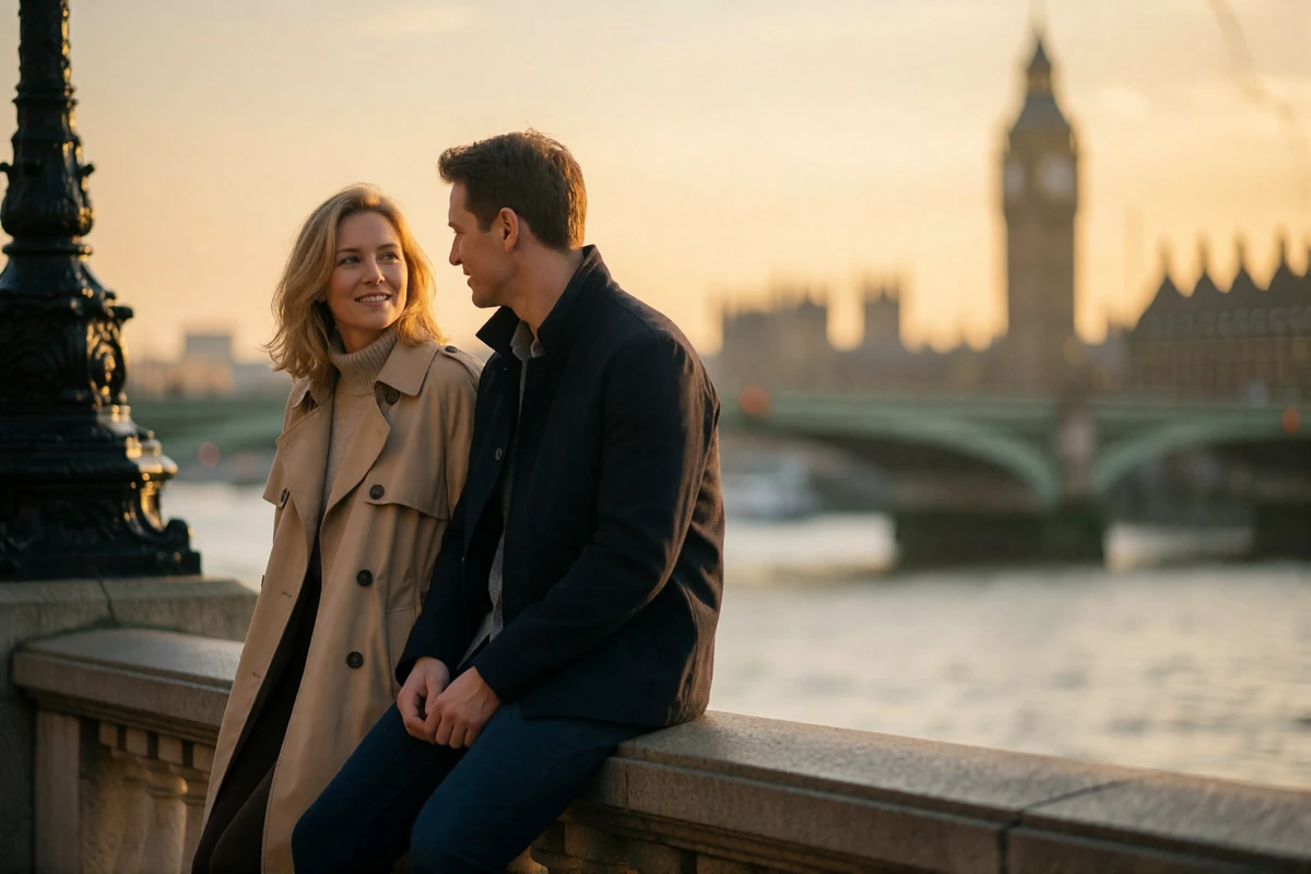 Couple in their late thirties walking together along a Thames riverside balustrade in warm golden light