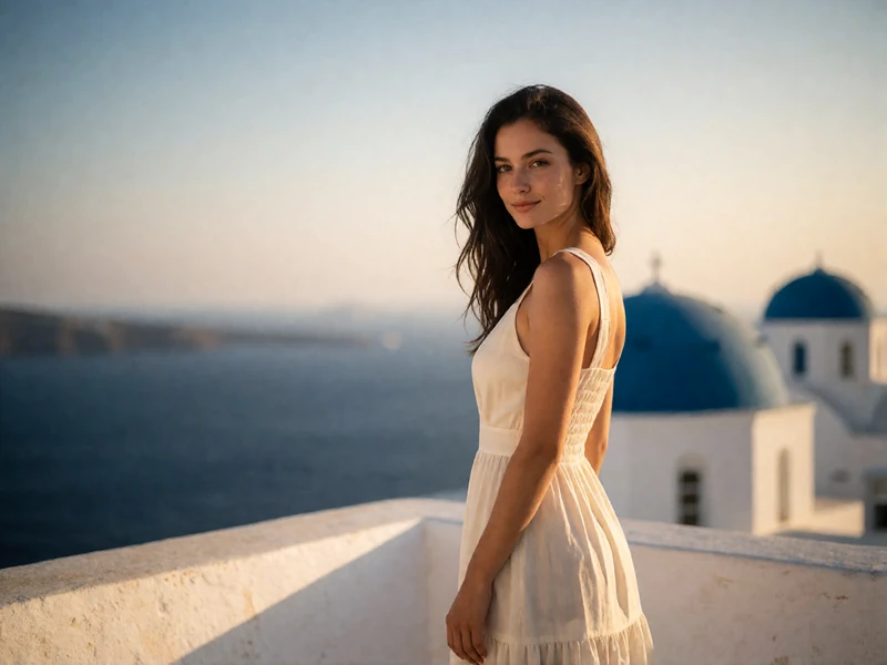 Greek woman in a white summer dress standing on a whitewashed Aegean terrace overlooking the sea