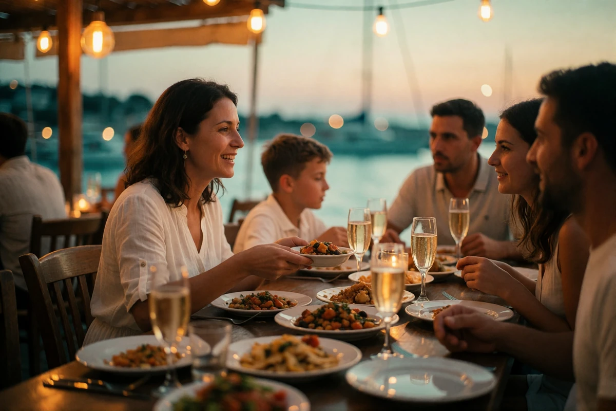 Extended family sharing mezze at a warmly lit seaside taverna table at dusk in Greece