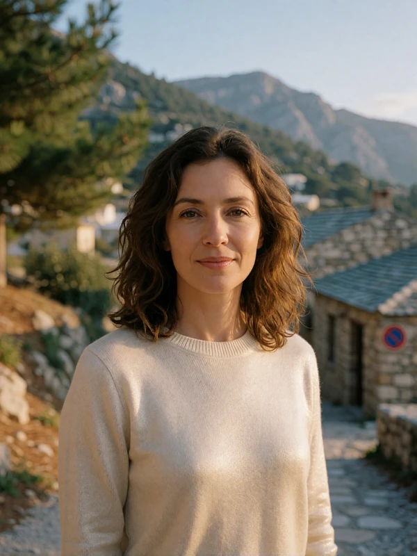 Cypriot woman in a cream sweater on a mountain village path in the Troodos hills