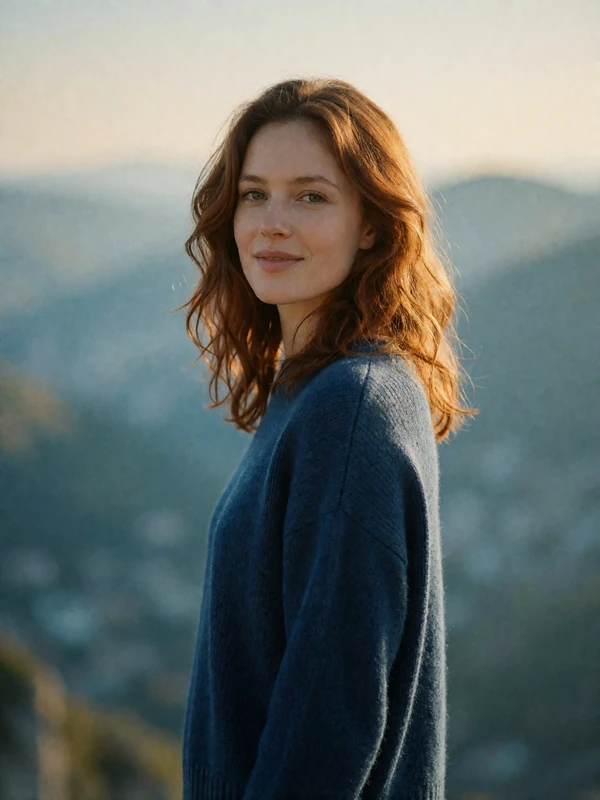 Sammarinese woman with auburn hair in a blue sweater standing above a hazy valley overlook