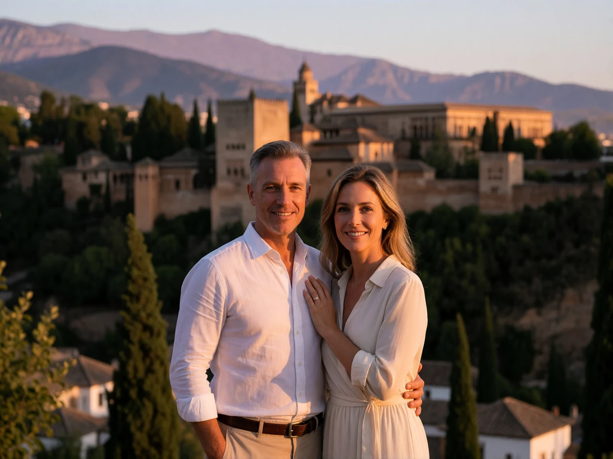 Couple in their forties smiling together on a Granada viewpoint at sunset with the Alhambra hillside behind them