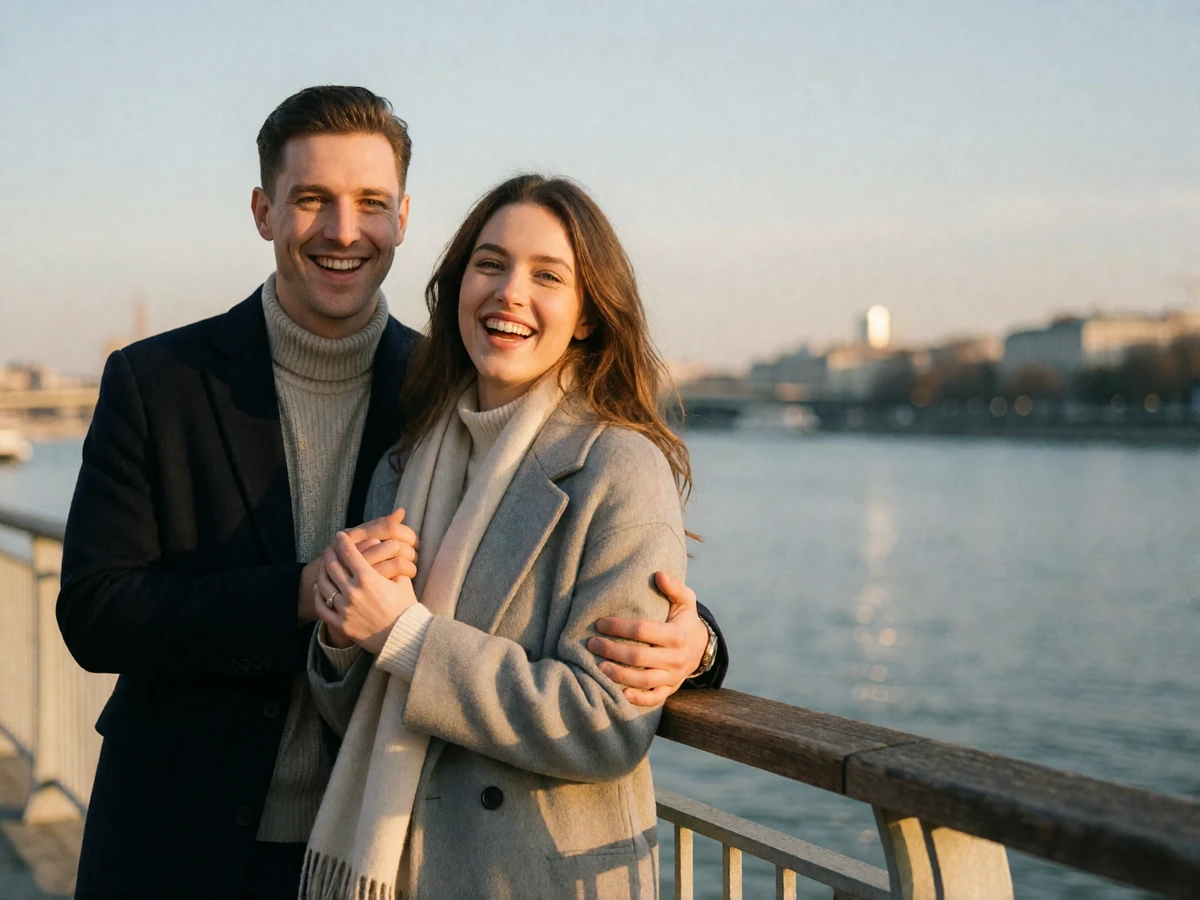 Couple laughing together at a Danube riverside railing in Vienna, the woman in a soft grey coat holding her partner's arm