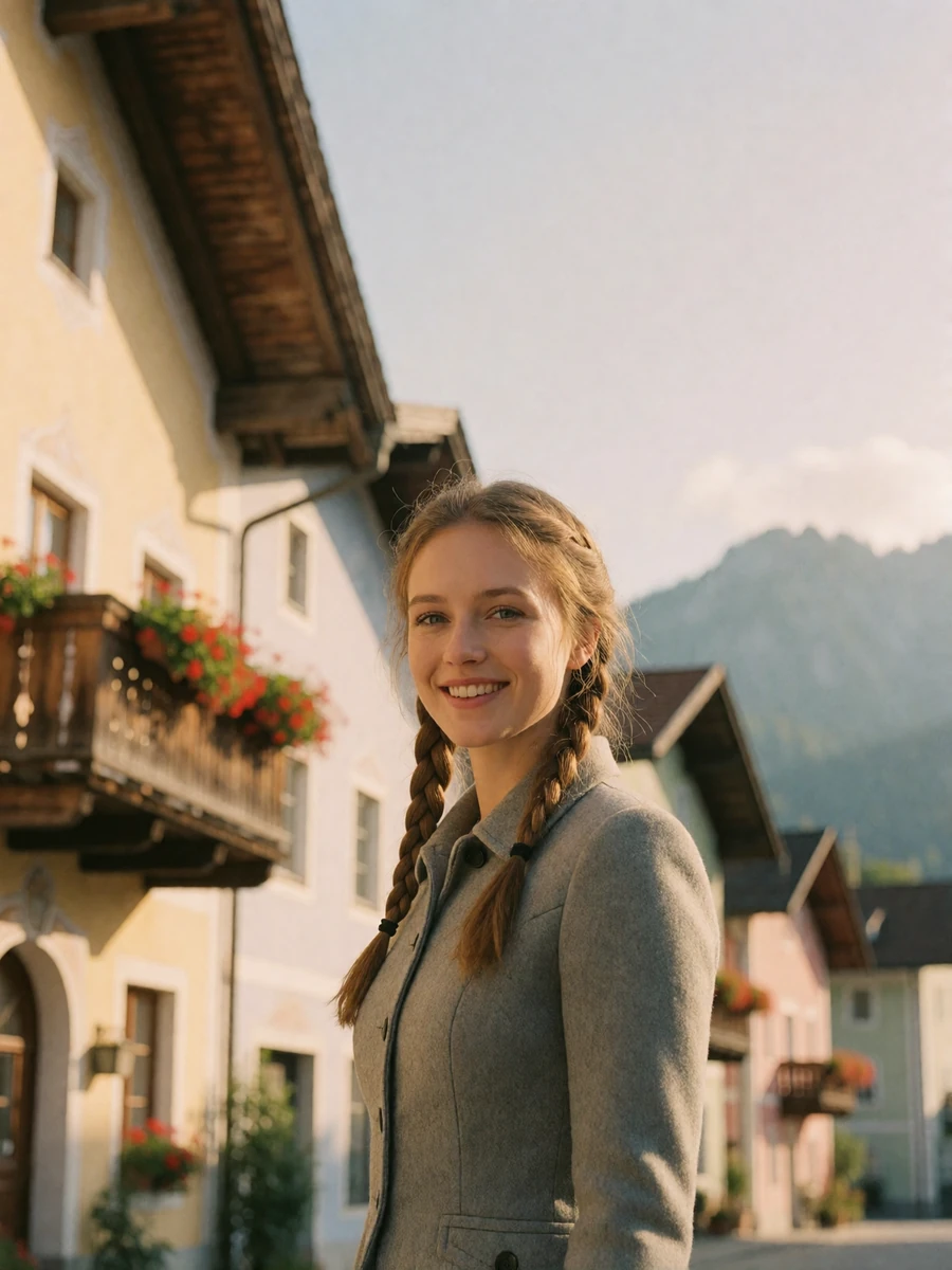 German woman in a grey wool jacket smiling on a Bavarian town street