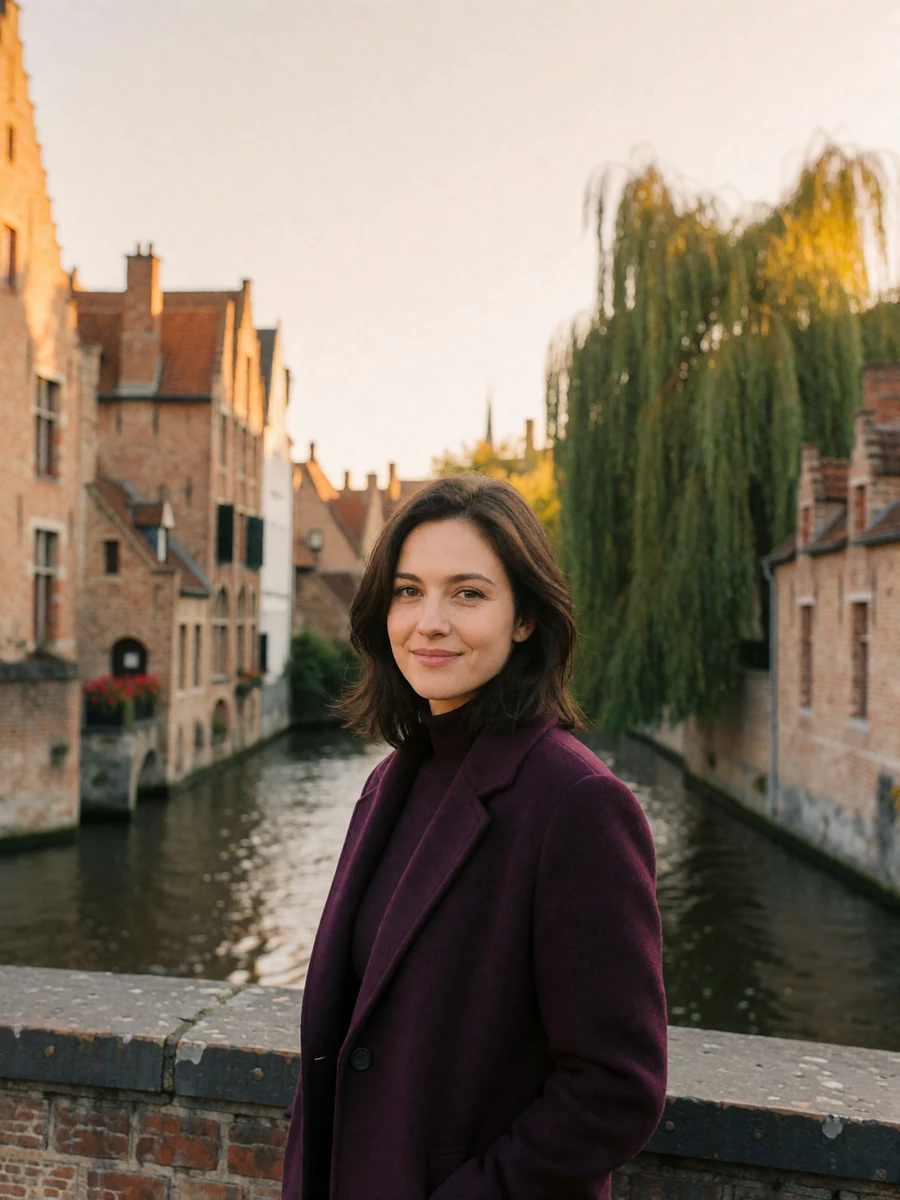 Belgian woman in a plum wool coat smiling on a canal footbridge in Bruges