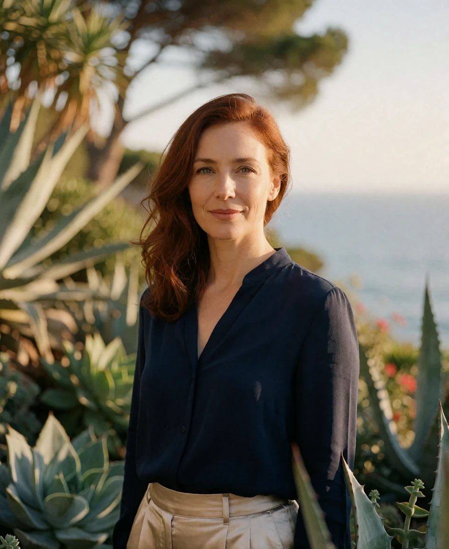 Auburn-haired woman in a navy blouse among exotic garden plants overlooking the coast