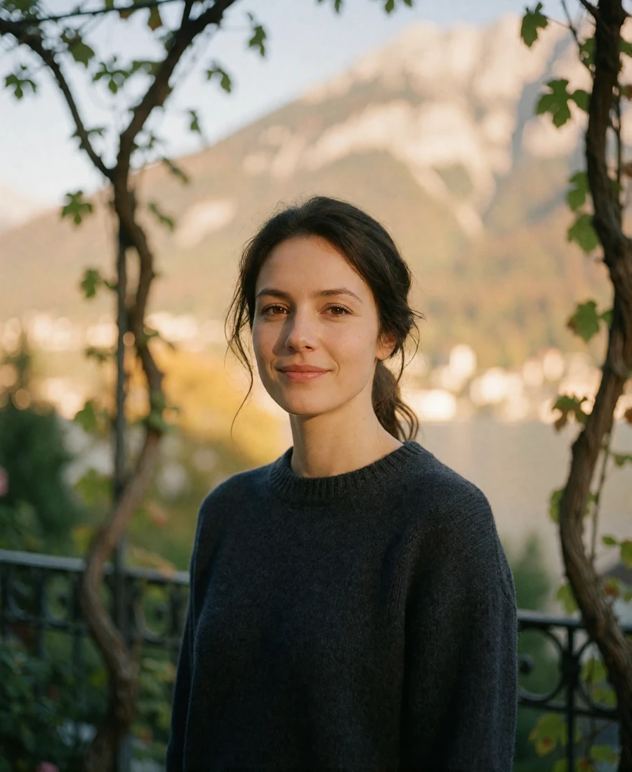 Woman with dark hair in a charcoal sweater smiling on a garden terrace in Vaduz, Liechtenstein
