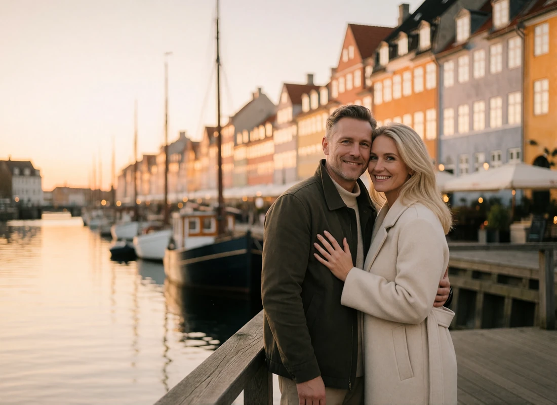 Couple in their forties smiling together on a wooden canal-side deck in Copenhagen at golden hour
