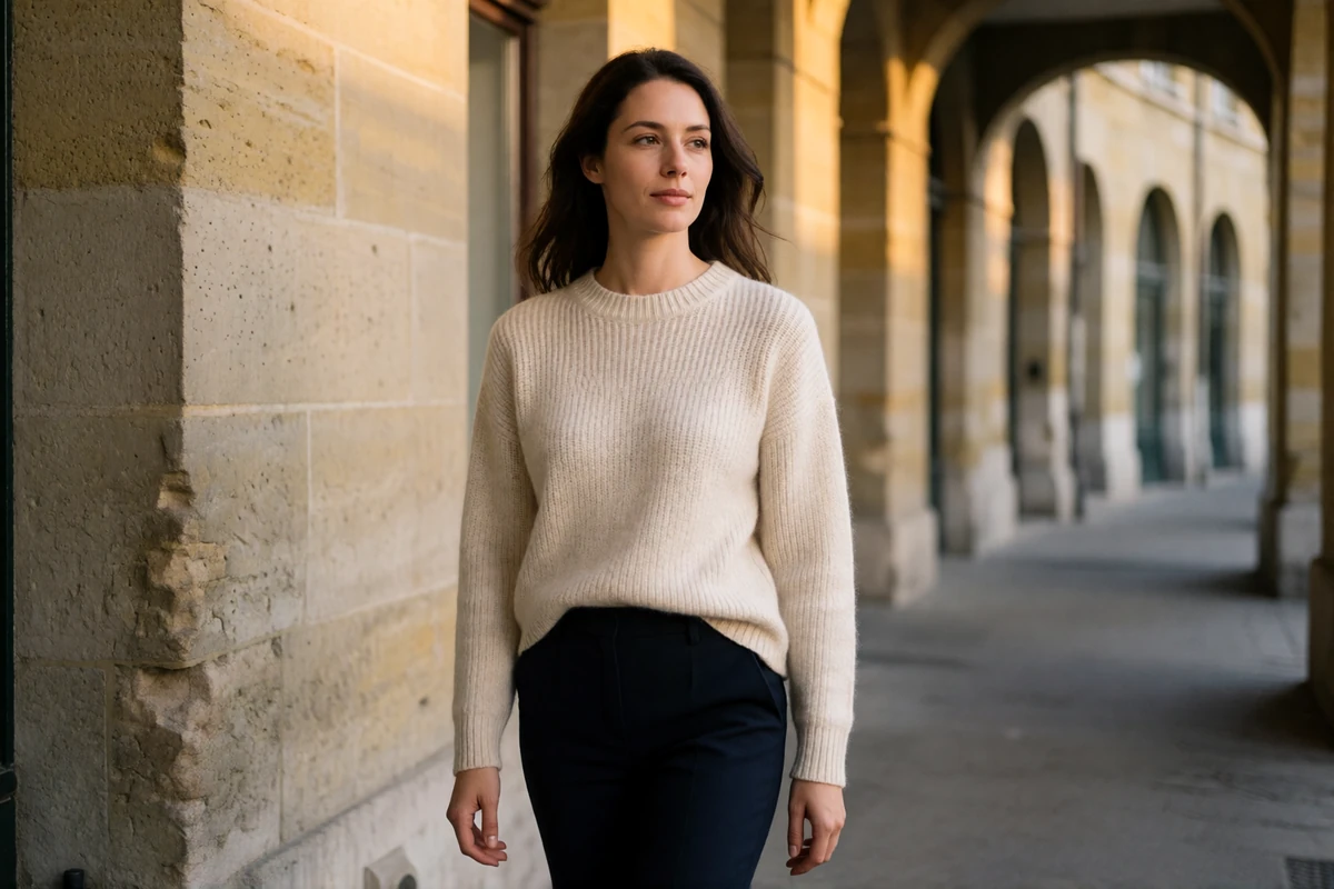 Swiss woman in an ivory sweater walking unhurried along a sandstone arcade lane in the old town of Bern