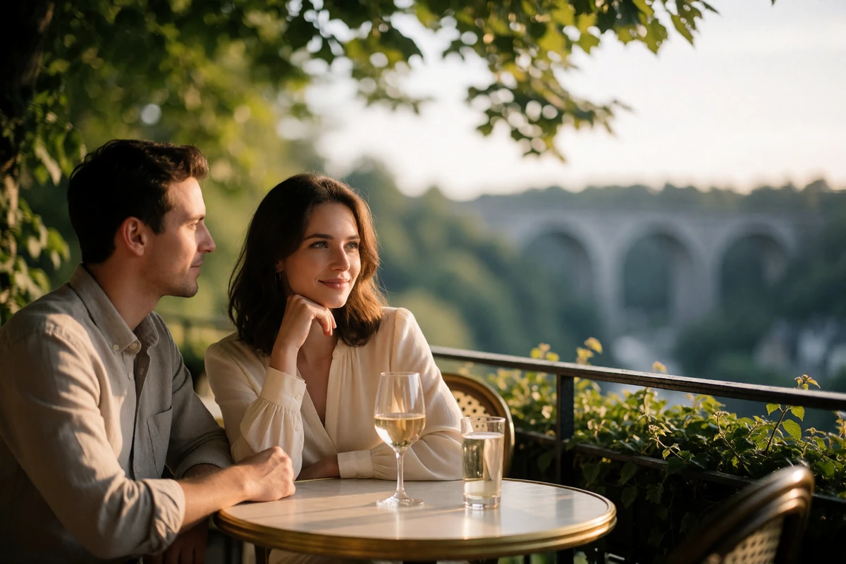 Couple sharing a small bistro table on a terrace overlooking the Alzette valley in Luxembourg