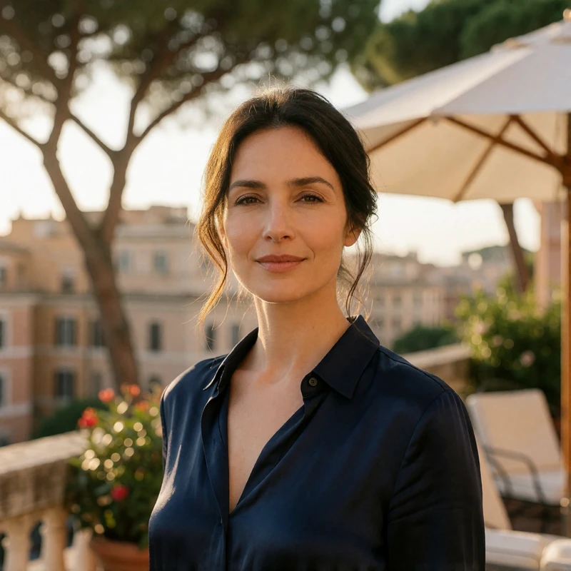 Portrait of an Italian woman from the Lazio region, warm and approachable, softly lit