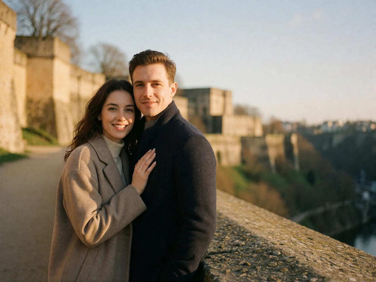 Couple standing close on the Corniche walkway above Luxembourg's old fortifications at golden hour