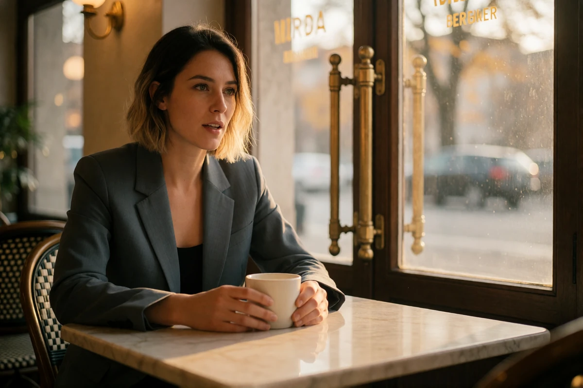German woman in a slate-grey blazer speaking earnestly across a marble cafe table in Berlin
