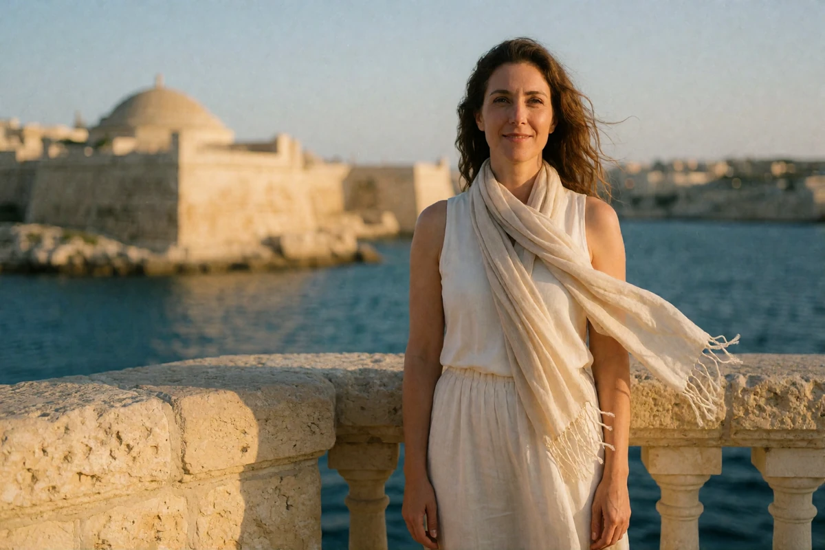 Maltese woman standing at a limestone balustrade above the Grand Harbour in late afternoon light