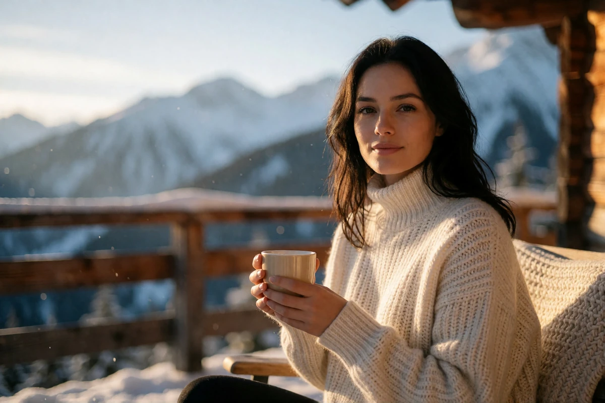 Relaxed woman in a cream sweater sitting on a wooden mountain-lodge terrace holding a warm cup