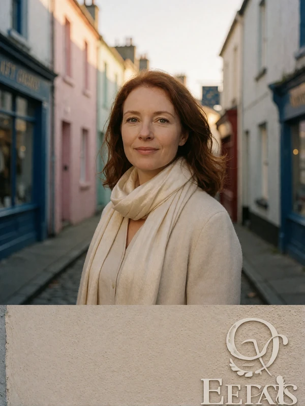 Irish woman with red-brown hair and a cream scarf standing in a painted southern-Irish lane