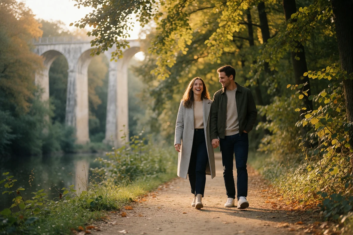 Couple strolling along a wooded riverside path below the Luxembourg viaduct at golden hour