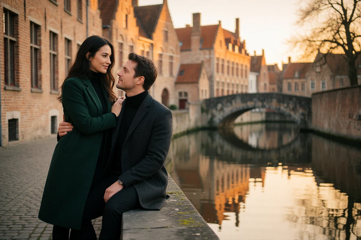 Couple walking close together along a Bruges canal at golden hour with medieval brick gables behind them