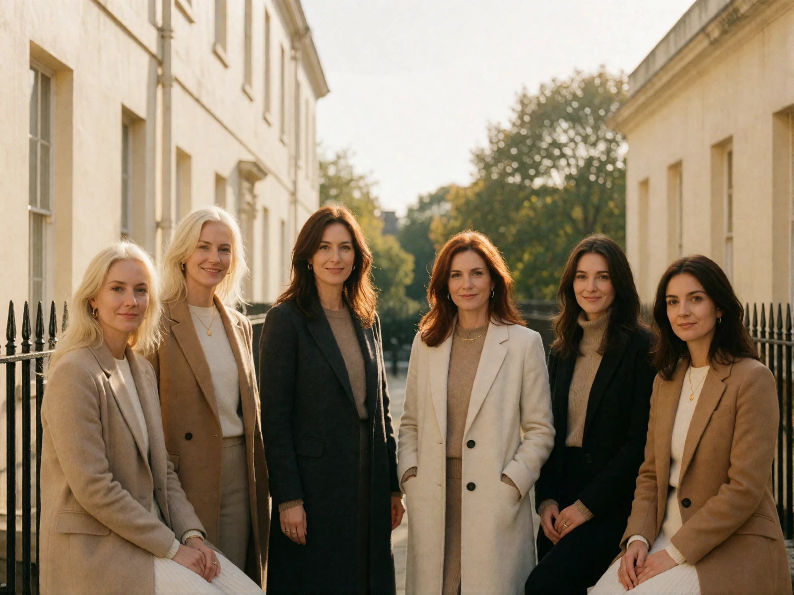 Six British women in tailored coats and knits standing along a pale Georgian terrace in London in warm afternoon light