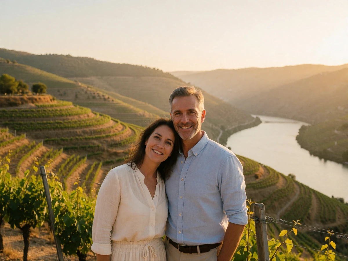 Couple standing close on a terraced Douro valley viewpoint at golden hour