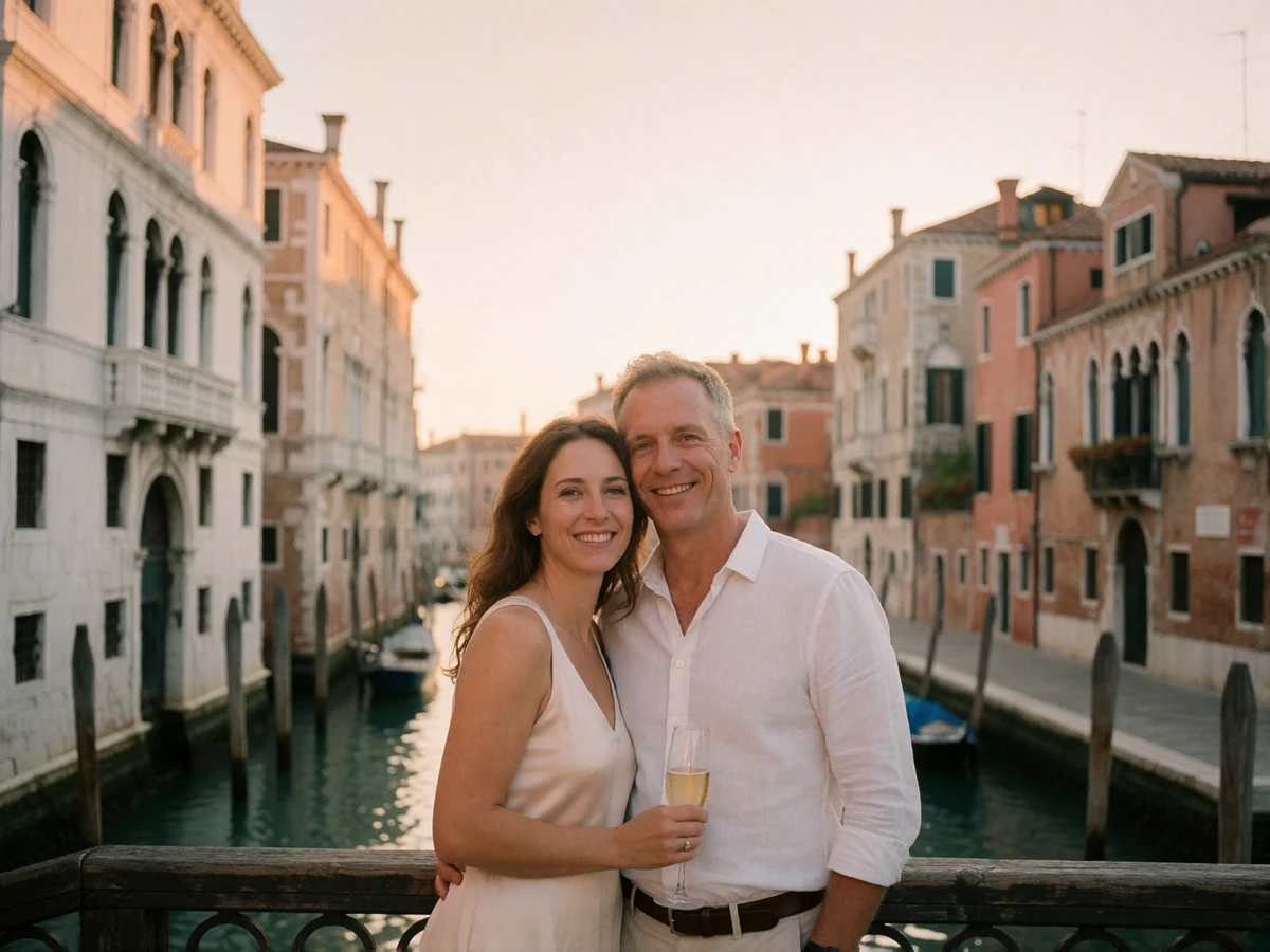 Couple in their forties embracing on a quiet Venetian canal bridge at sunrise, smiling toward the camera