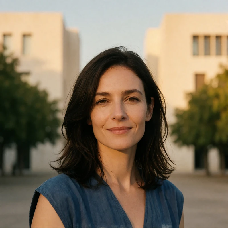 Stylish Spanish woman in her late thirties with dark hair and a deep blue top smiling near blurred modernist Barcelona facades