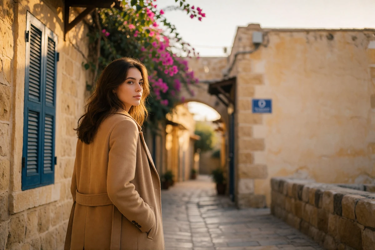Cypriot woman in a camel coat walking through a narrow sandstone lane in old Nicosia