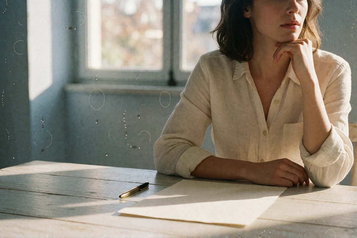 Woman in a cream linen shirt at a sunlit kitchen table, resting her chin on her hand beside a blank sheet of paper