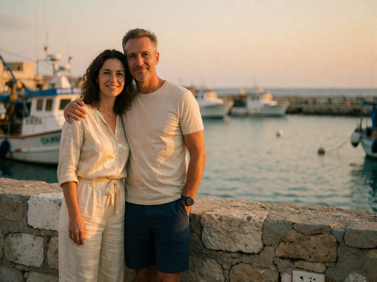 Couple in their forties embracing on an old Cypriot harbour wall at sunset with fishing boats behind them