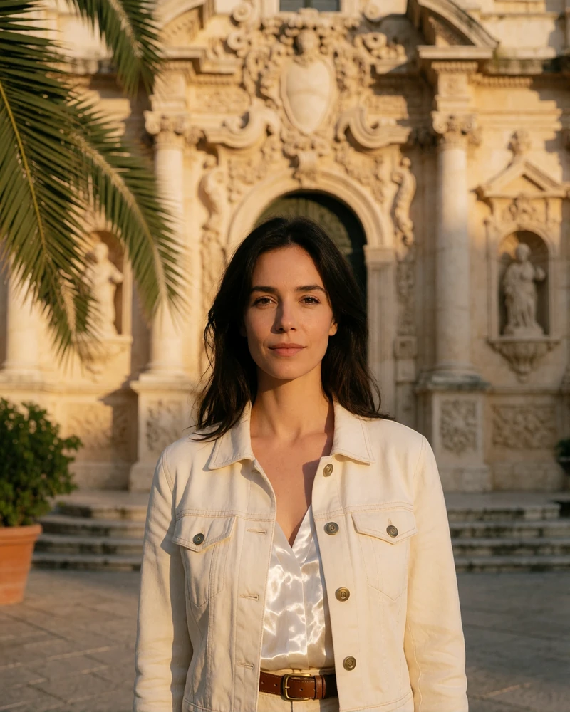 Italian woman in a cream jacket standing on a sunlit Sicilian baroque square